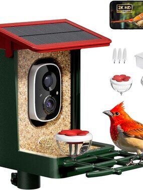 Heapets 1296P Waterproof 1.25 Liter Seed Capacity Smart Bird Feeder Camera - Red